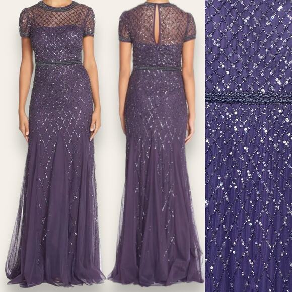 NWT ADRIANNA PAPELL DRESS GOWN SEQUIN BEADED GODETS LONG MAXI SHEER MESH PURPLE - Picture 1 of 15